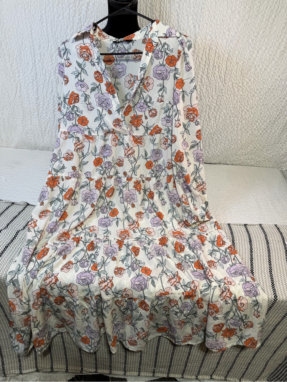 White Floral Tiered Maxi Dress with Orange & Lavender Roses